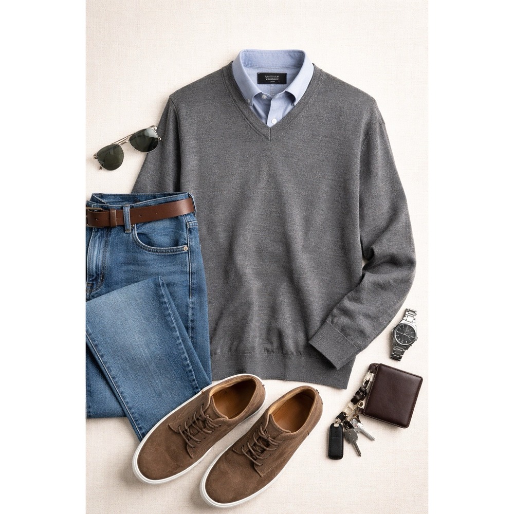 Banana Republic Merino‎ Wool V-Neck Pullover Sweater Gray XXL Men's